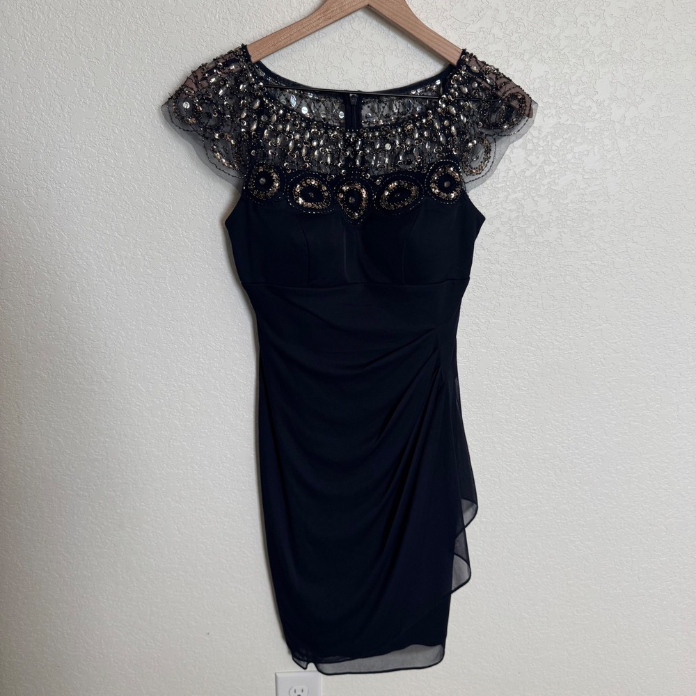 Homecoming Formal Xscape Beaded Illusion Neckline Dress 2 Navy Blue
